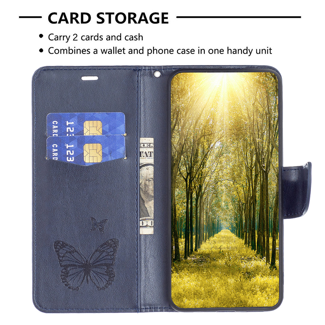 Uniqkart for iPhone 15 Pro Shockproof Phone Flip Case Butterfly Imprinted Leather Stand Wallet Cover with Strap - Blue Uniqkart for iPhone 15 Pro Shockproof Phone Flip Case Butterfly Imprinted Leather Stand Wallet Cover with Strap - Blue